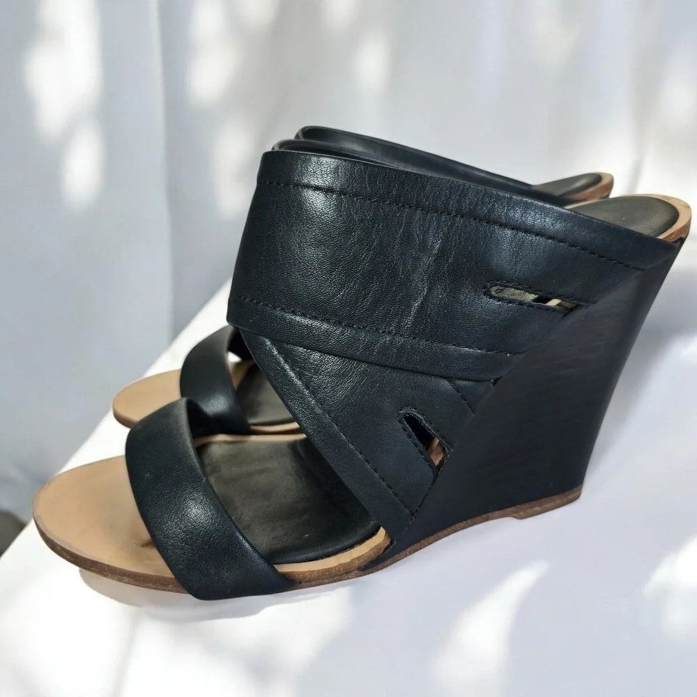 Rag Bone‎ New York Black Leather Crossover Wedge Mules Made in Italy Woman 7 US